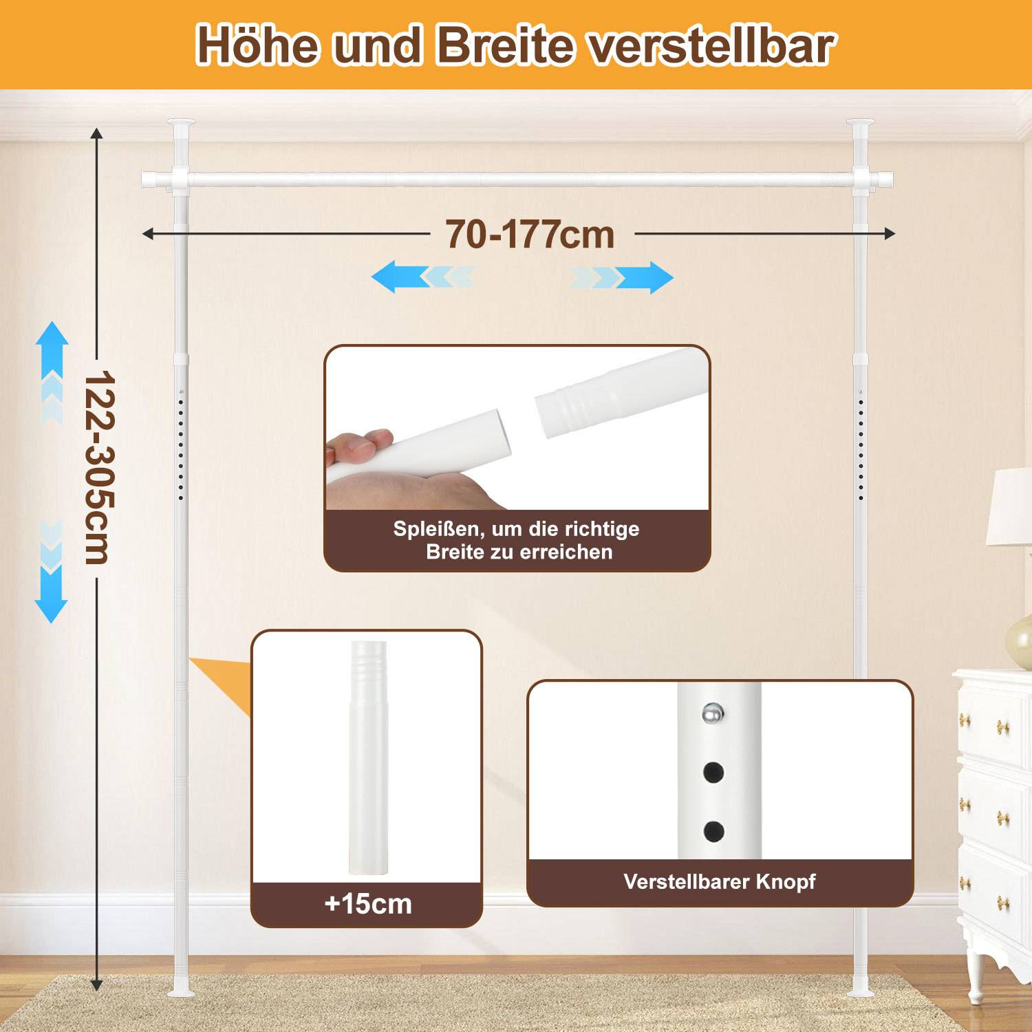 Höhen- und breitenverstellbarer Kleiderbügel, erstreckend von 70-177 cm in der Breite und 122-305 cm in der Höhe. Ausgestattet mit einfacher Tastenverstellung.
