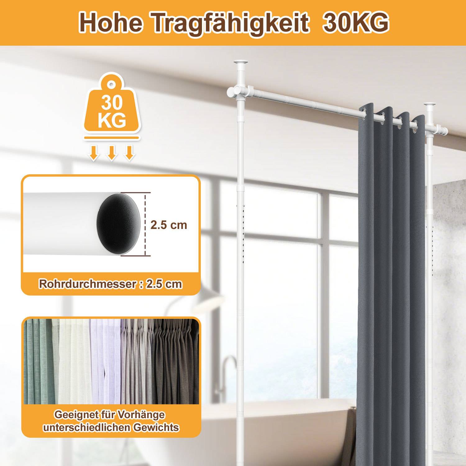 Gardinenstange mit 30 kg Tragfähigkeit, 2,5 cm Stangendurchmesser, geeignet für Gardinen unterschiedlicher Gewichtsklassen. In einem modernen Raumambiente präsentiert.
