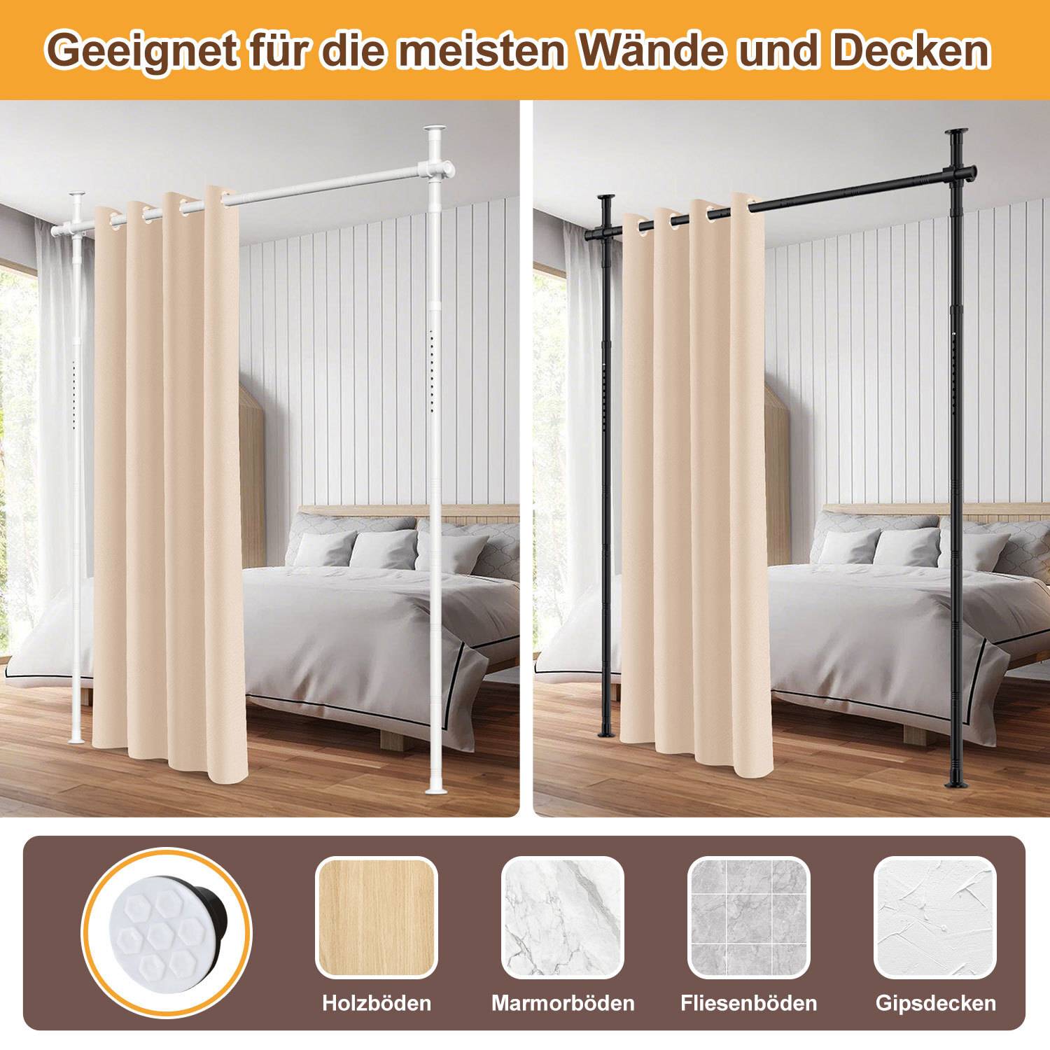 Vergleich von Gardinstangen: weiße und schwarze Stangen von Boden bis Decke mit beigen Vorhängen installiert. Geeignet für Holz-, Marmor-, Fliesen- und Gipsdeckenböden.