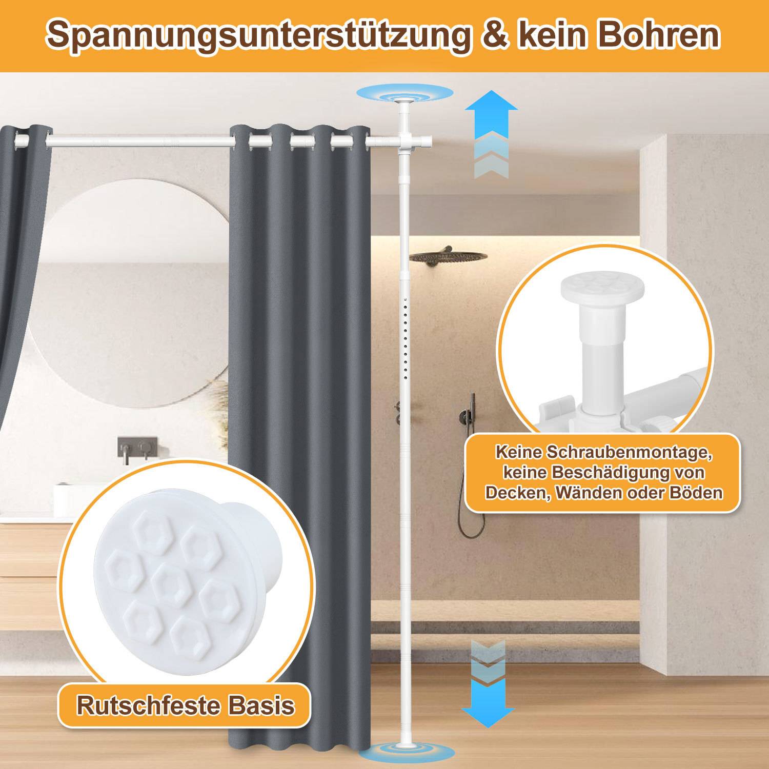 Spannungsunterstützung und keine Bohrungen. Keine Schraubenmontur, keine Beschädigung von Decken, Wänden oder Böden. Rutschfeste Basis.' Gardinenstange mit Aufstellung von Boden bis Decke.