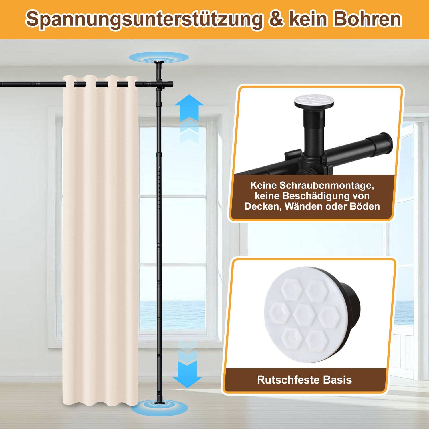 Spannungsunterstützung & kein Bohren Stützsystem mit einem weißen Vorhang. Betont 'Keine Schraubenmontage' und 'Rutschfeste Basis'.