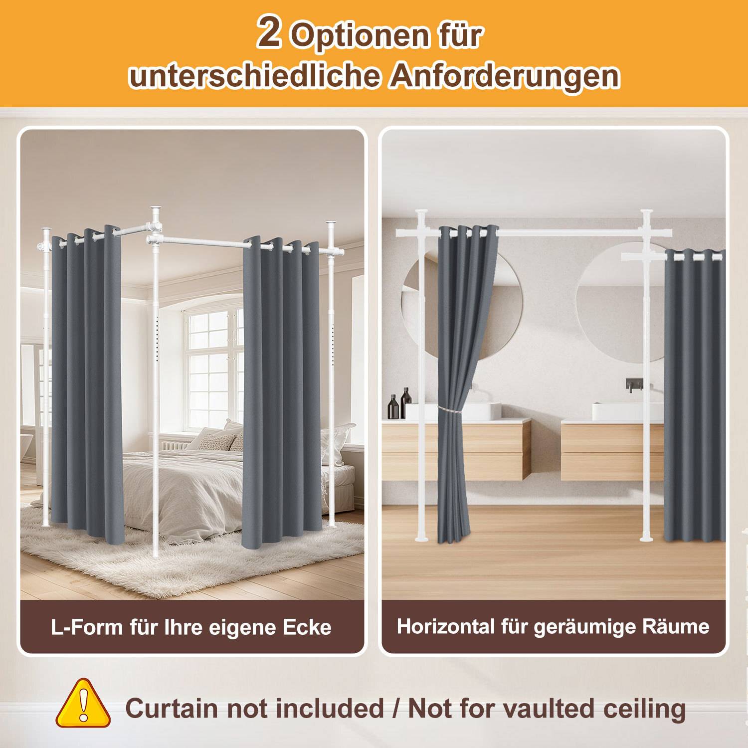Das Bild zeigt zwei Vorrichtungen für Gardinenstangen für unterschiedliche Raumkonfigurationen: L-Form für Ecken und horizontal für offene Räume.