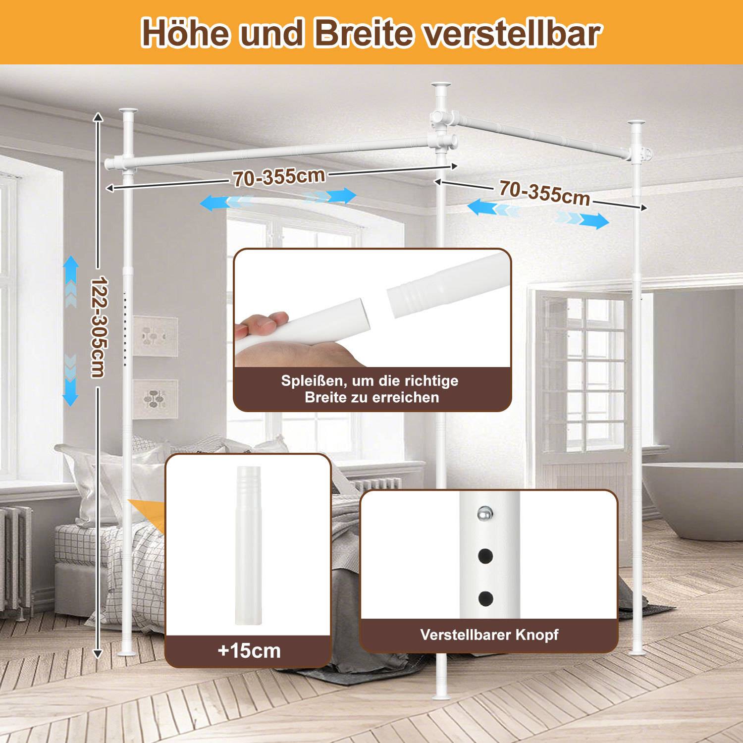 Verstellbare Kleiderstange mit Erweiterung von 70 cm bis 355 cm Breite und 122 cm bis 305 cm Höhe. Zu den Merkmalen gehört ein Knopf für einfache Verstellung.