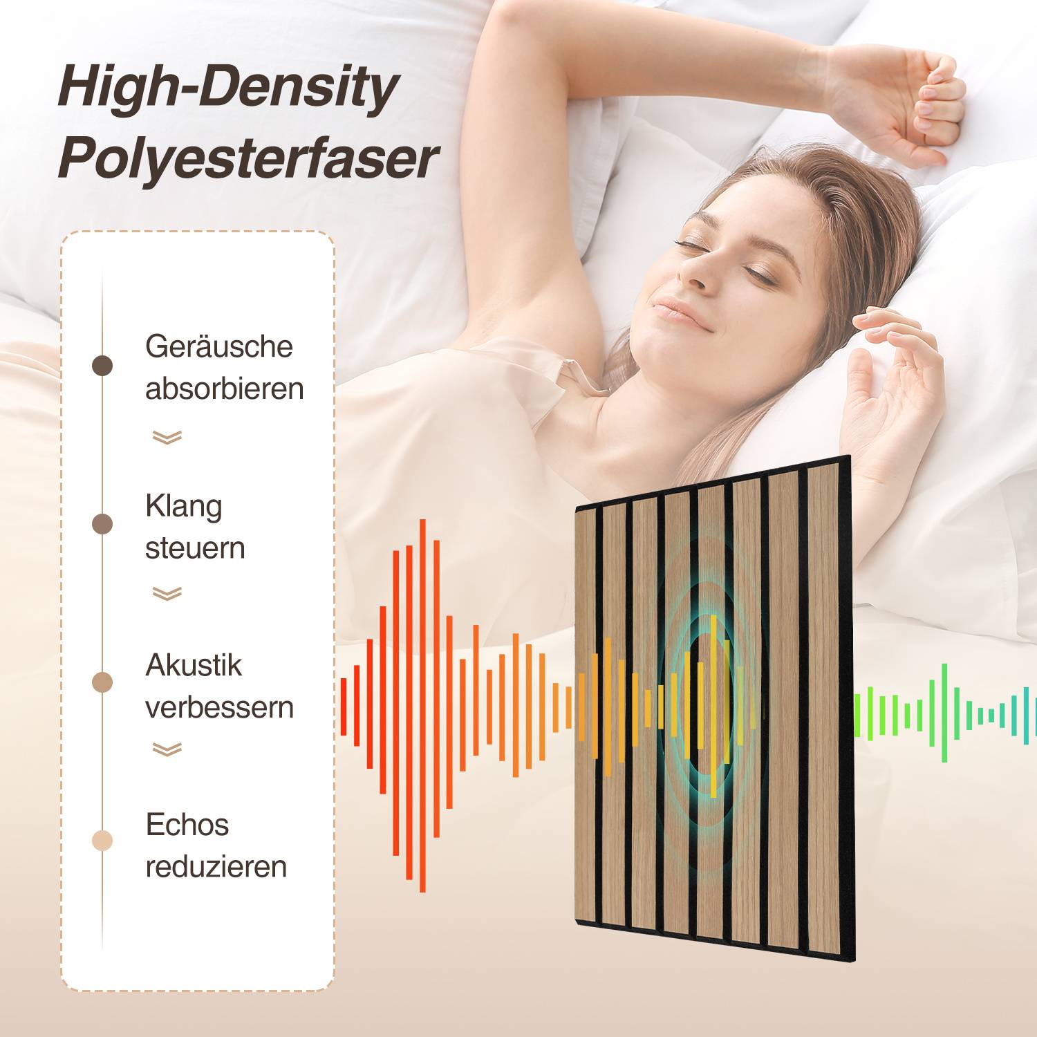 Eine Frau, die auf einem Bett liegt und die Augen geschlossen hat, neben einer Infografik über ‚Hochdichte Polyesterfa­ser', die deren Schallabsorptionseigenschaften darstellt.