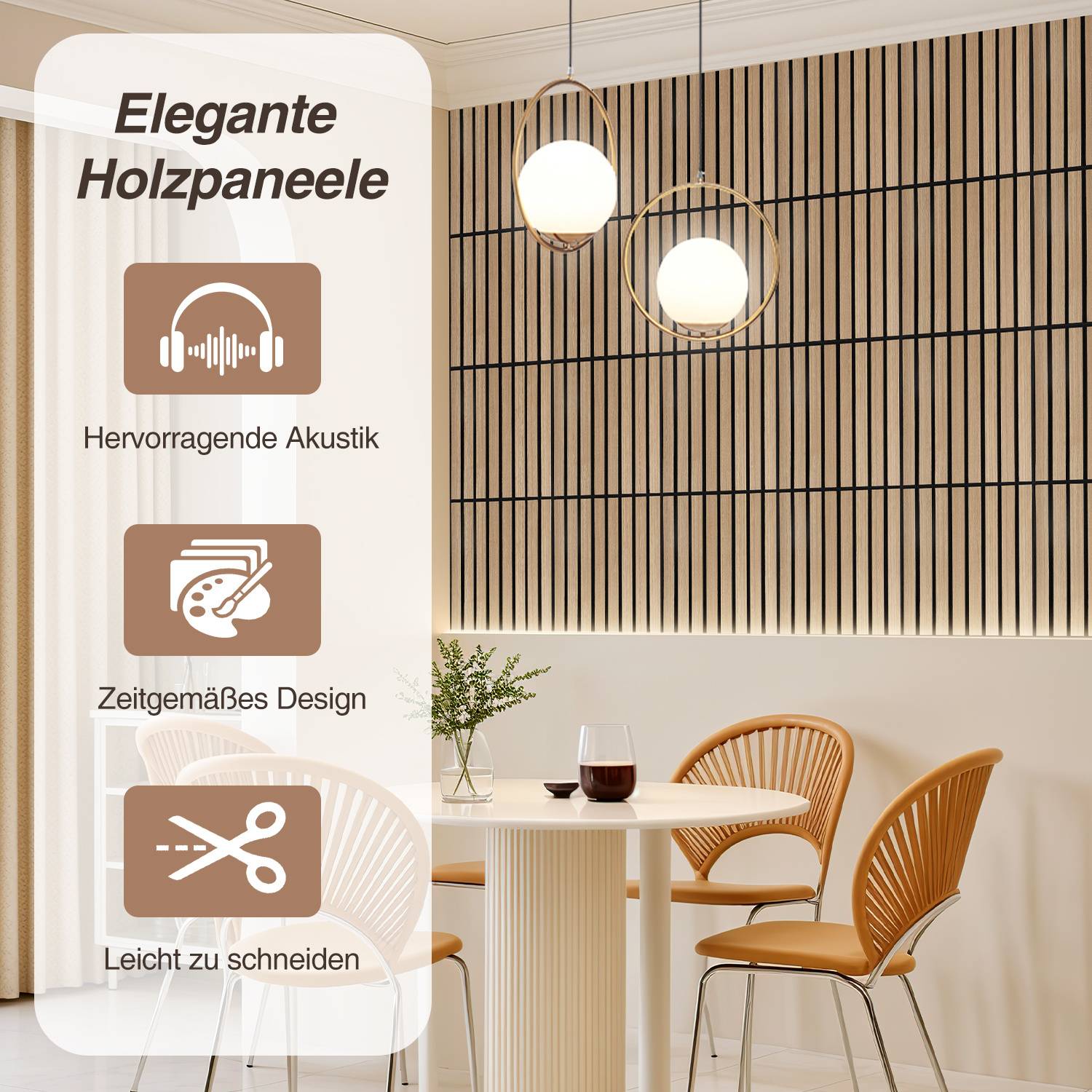 Elegante Holzpaneele' Werbung zeigt Holzpaneele in einem modernen Raum mit Text: 'Hervorragende Akustik', 'Zeitgemäßes Design', 'Leicht zu schneiden'.