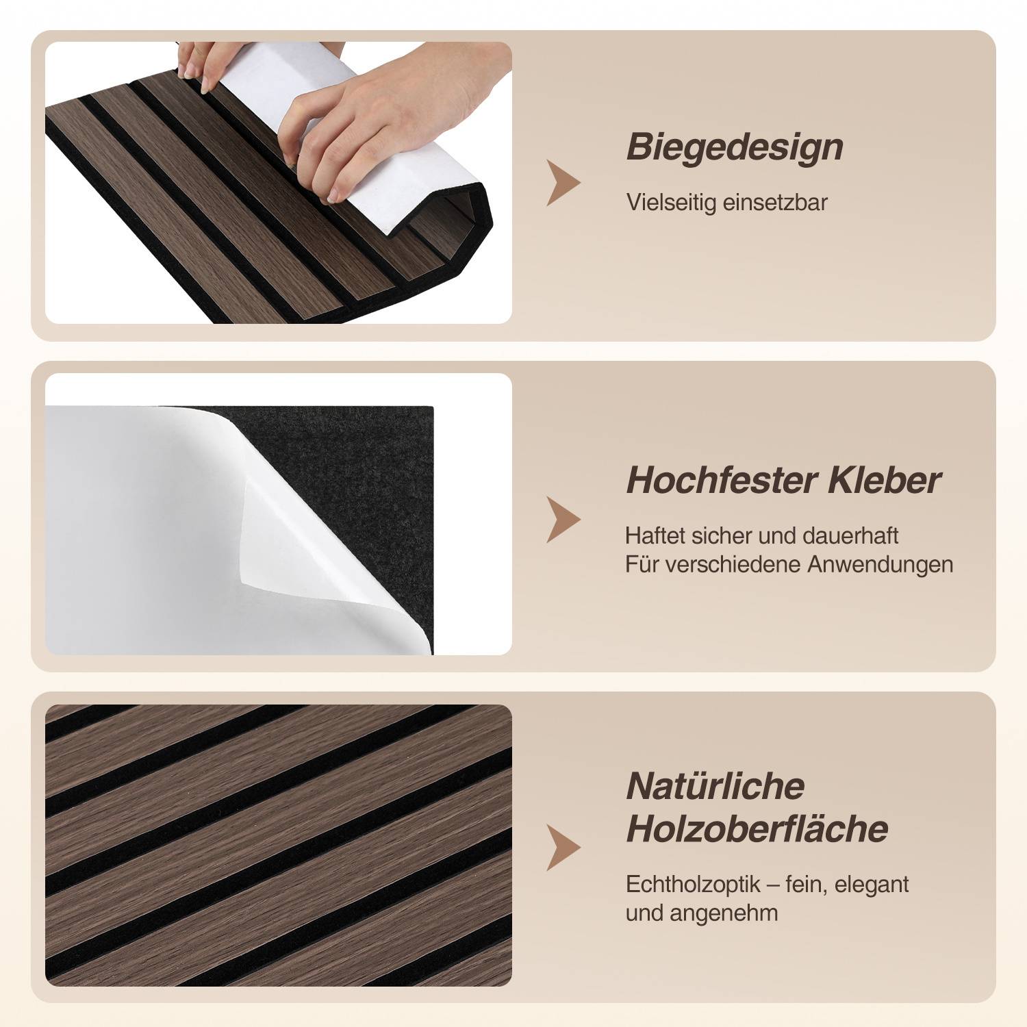 Biegsames Design mit vielseitiger Verwendung; hochfester Klebstoff für sichere, langanhaltende Befestigung; natürliche Holzoberfläche mit elegantem Aussehen.