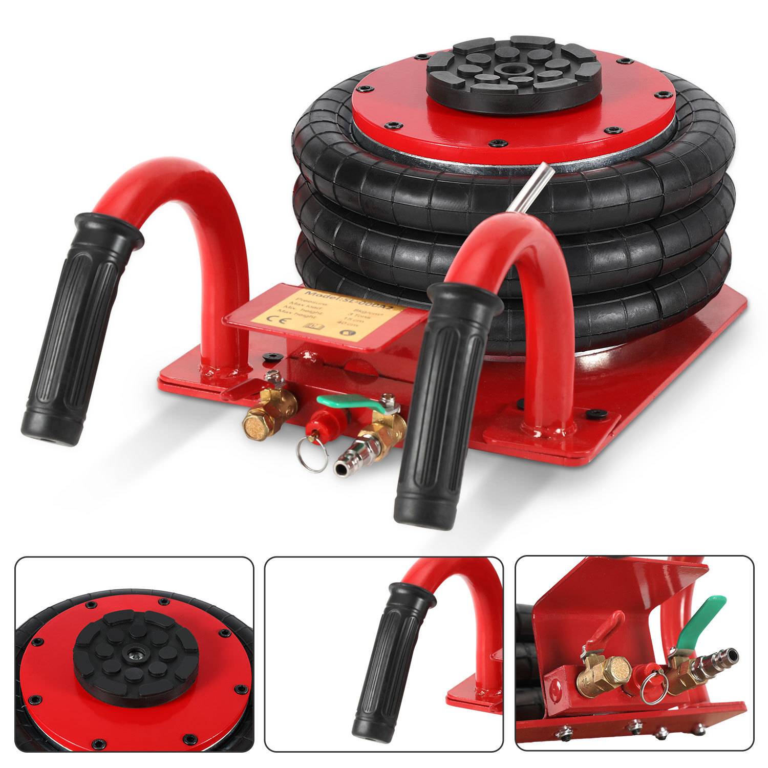 Roter pneumatischer Luftheber mit schwarzen Balgen, zwei Griffen und Steuerventilen; verwendet zum Anheben von Fahrzeugen.