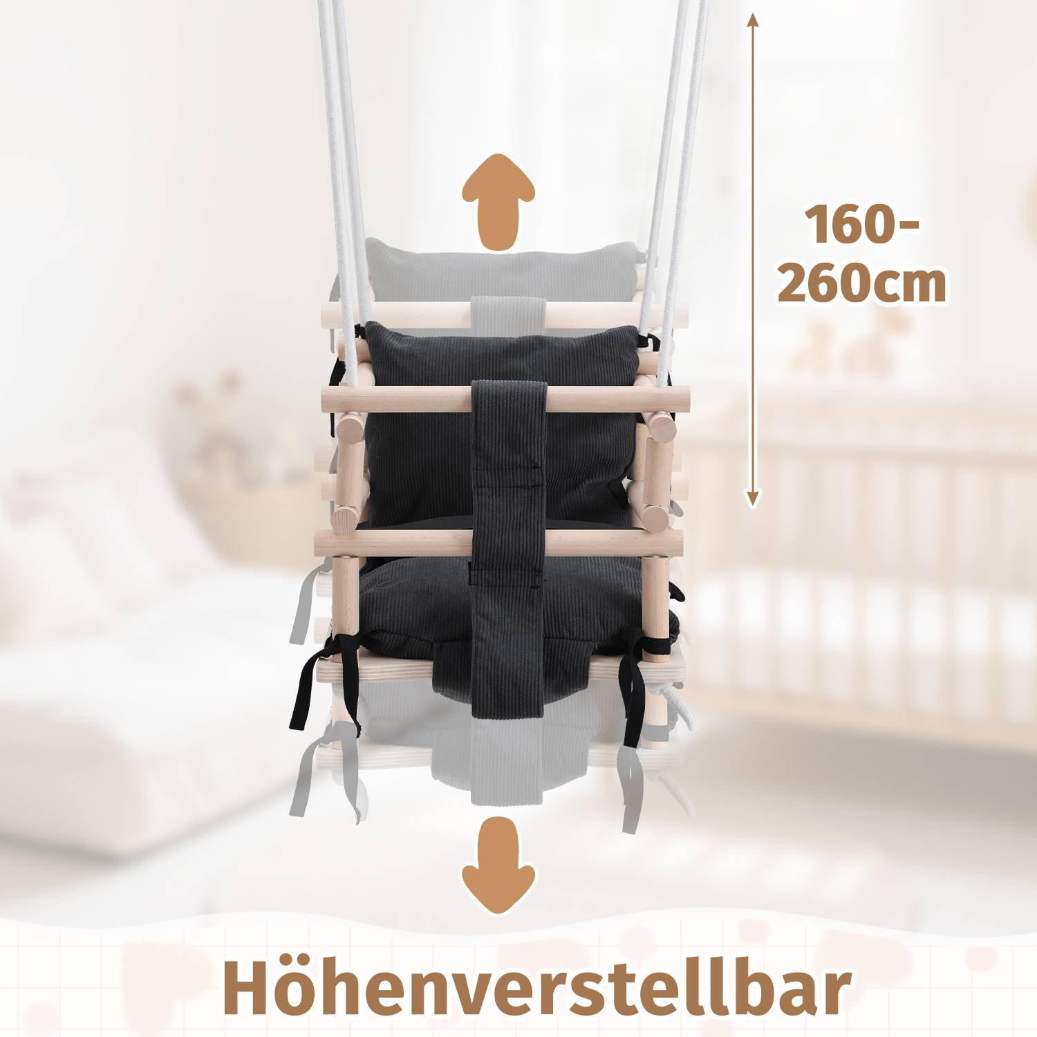 Höhenverstellbarer Hochstuhl mit schwarzen Polstern, geeignet für Personen zwischen 160-260 cm Körpergröße, in einem hellen, weich fokussierten Raum.