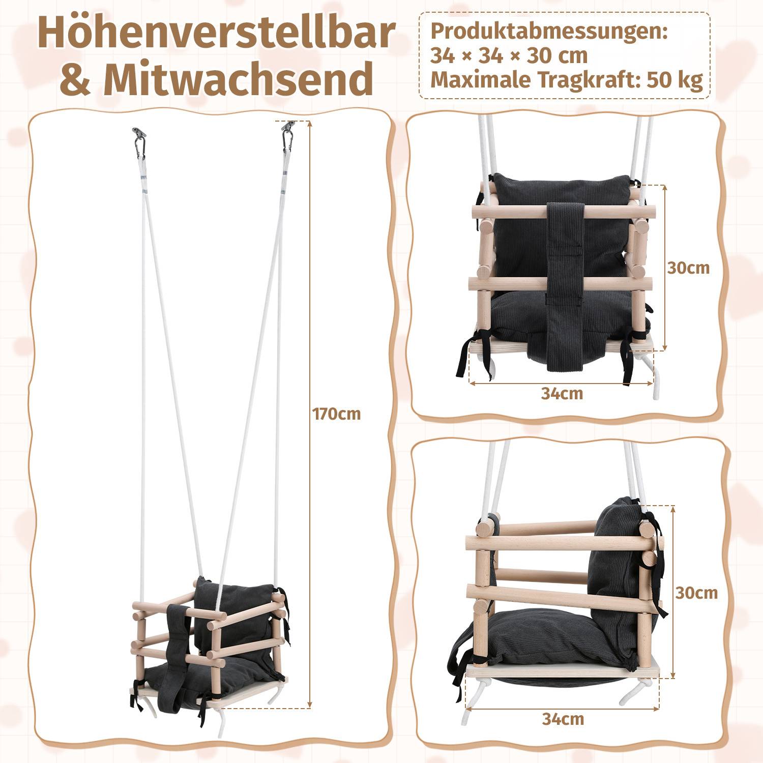 Schwingsitz mit verstellbarer Höhe, der mit Ihrem Kind mitwächst, in Schwarz mit Holzstäben, Abmessungen 34x34x30 cm, maximale Tragfähigkeit 50 kg.