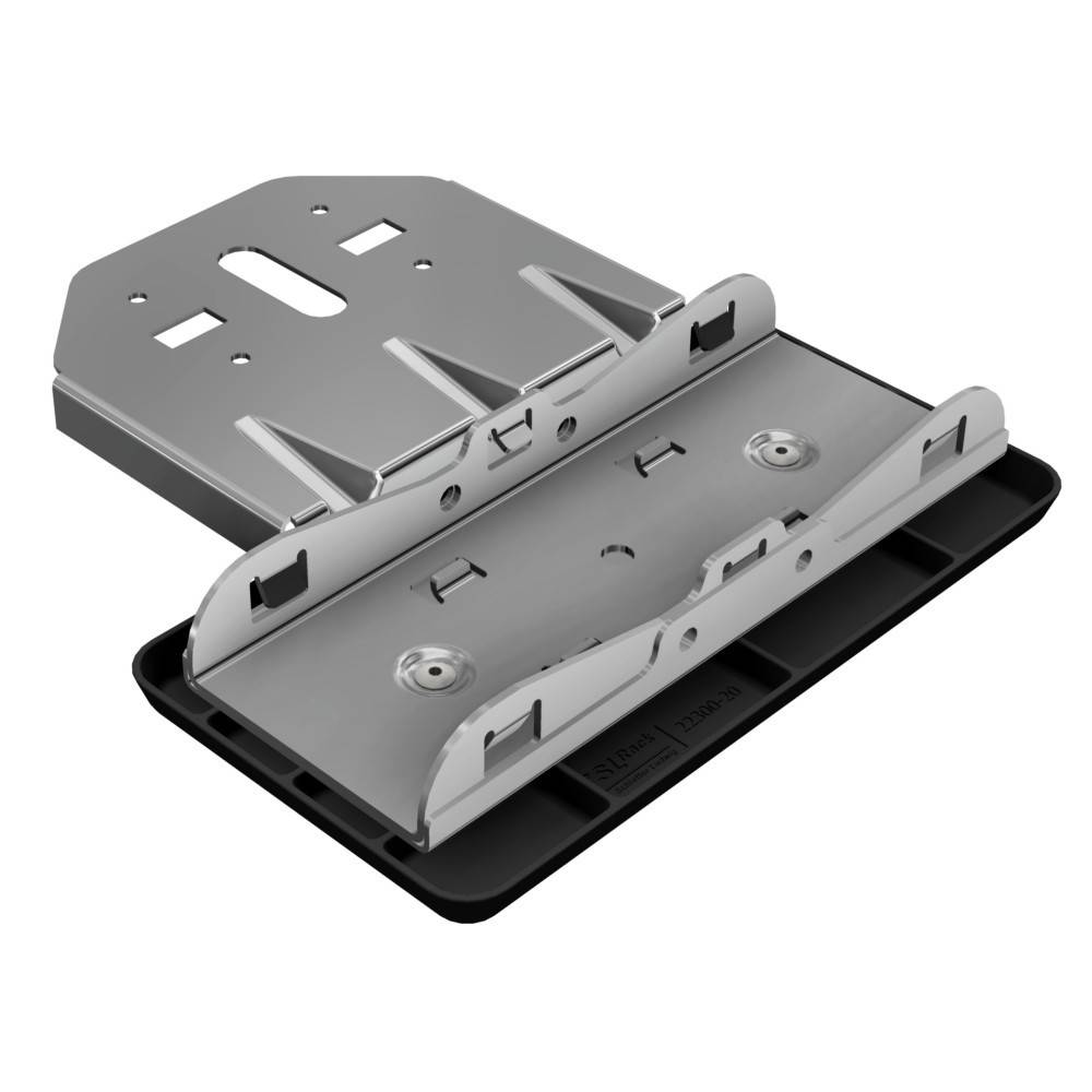 Eine Wandhalterung aus Metall, die zum sicheren Befestigen von Geräten entwickelt wurde. Sie verfügt über mehrere Schlitze und Löcher für eine anpassungsfähige Installation.