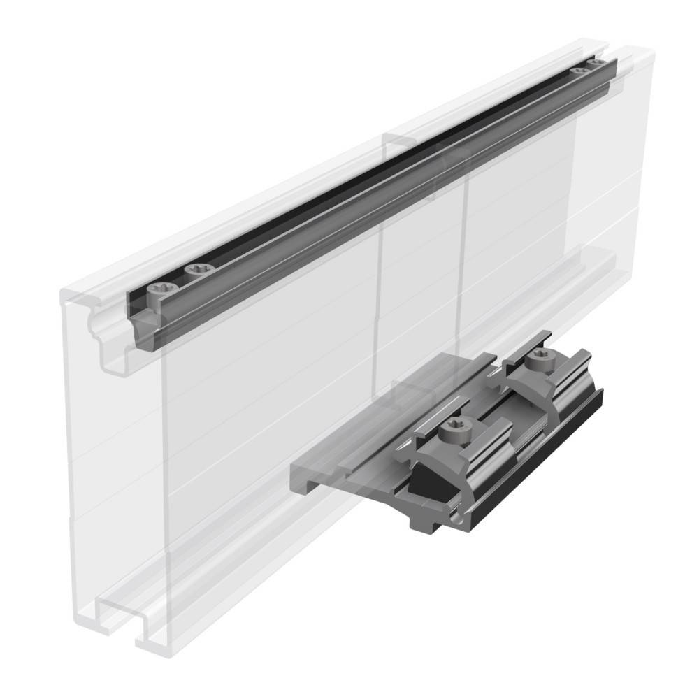 Darstellung eines Gleitvorrichtungsmechanismus mit einer Führungsschiene und einer Gleitkomponente, die für die Integration in eine Platte oder Oberfläche entwickelt wurde.