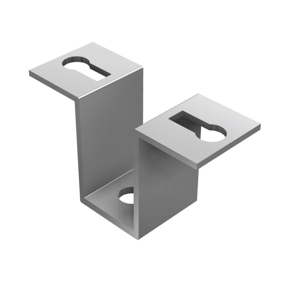 Eine L-förmige Metallhalterung mit drei Löchern, die zum Befestigen oder Abstützen von Strukturen konzipiert ist.