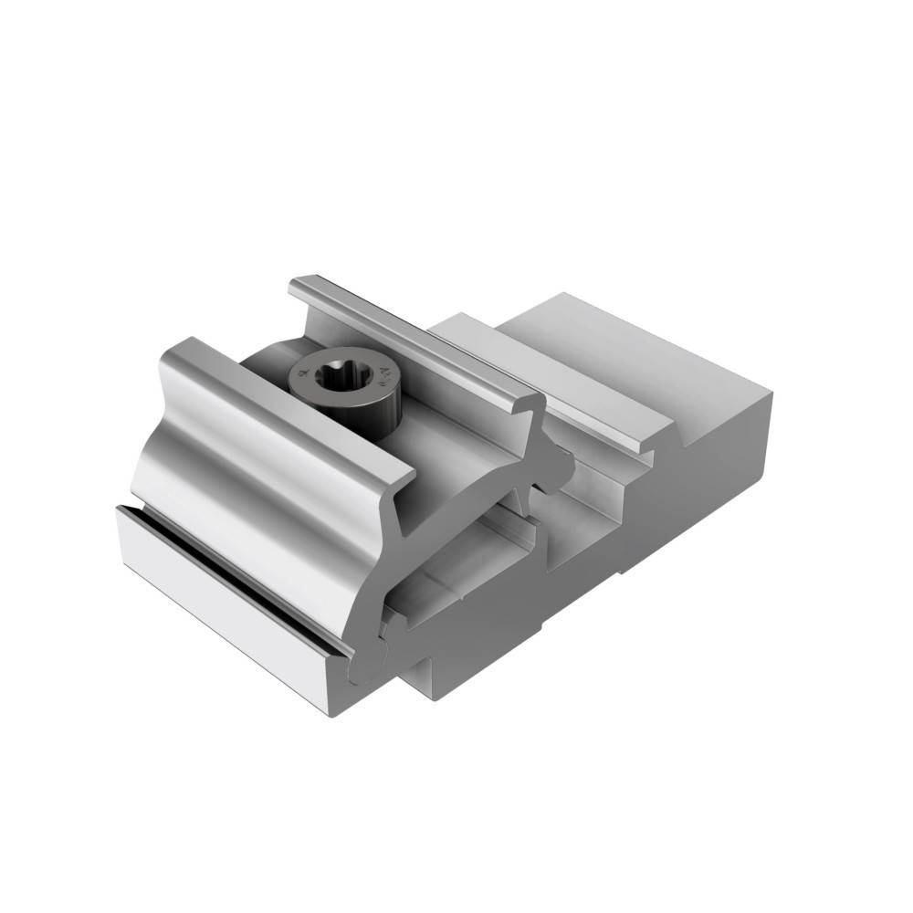 Ein Metallschienen-Befestigungsadapter mit gerilltem Design, der zum Anbringen von Zubehör an Geräten verwendet wird, vor einem weißen Hintergrund dargestellt.