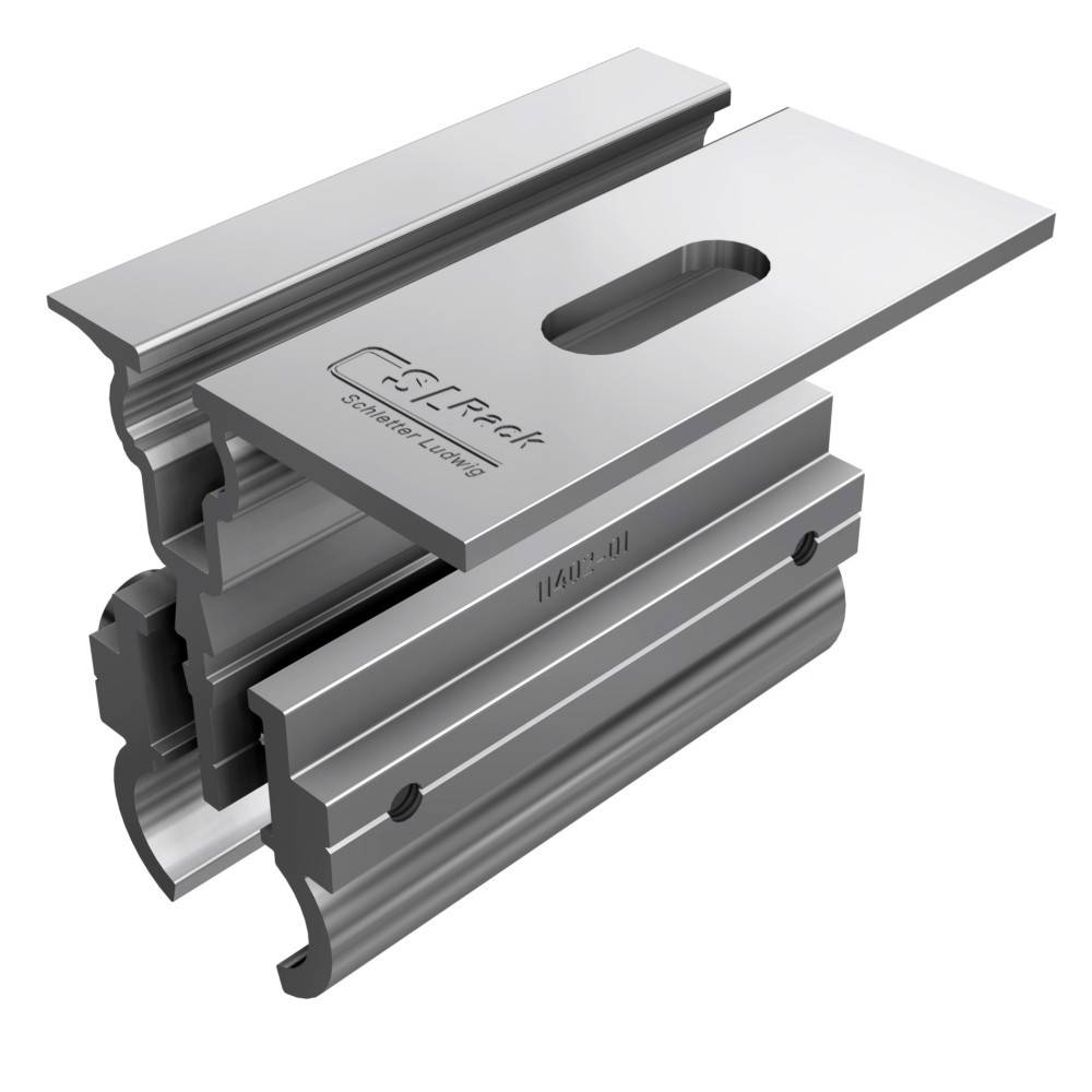 Ein Metallextrusionsprofil mit einer Nut, verwendet für Strukturrahmen oder industrielle Anwendungen. Mit eingepresstem 'RexClamp' Logo.