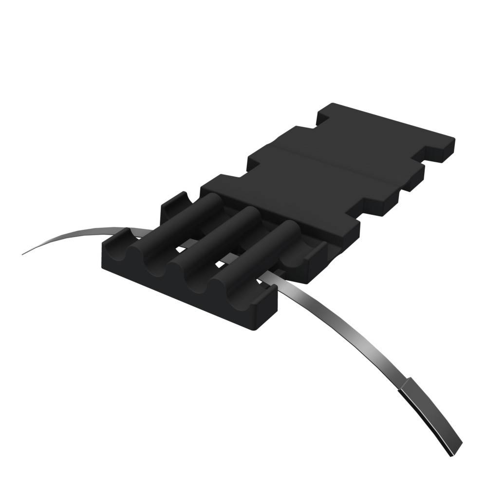 Eine 3D-Darstellung einer schwarzen elektronischen Komponente mit vier ausgestreckten Zinken, höchstwahrscheinlich ein Transistor oder ein ähnliches Bauelement, vor einem weißen Hintergrund.