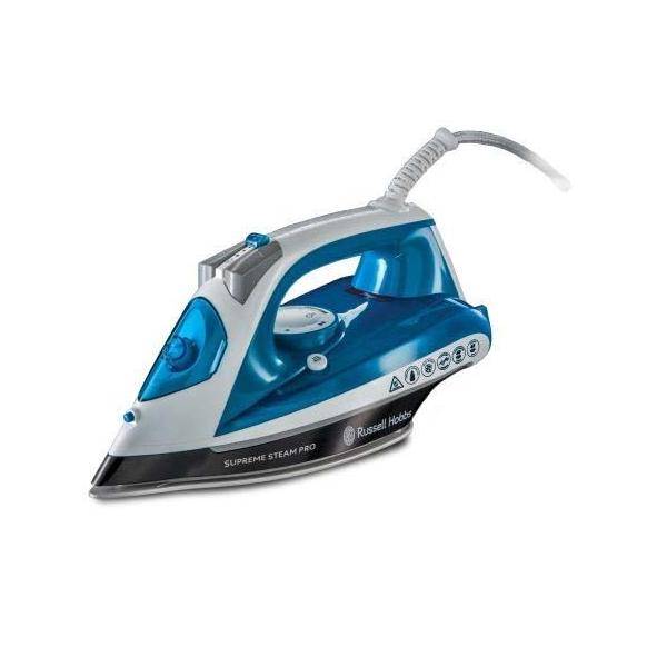 Ein blau-weißes Dampfbügeleisen mit der Aufschrift 