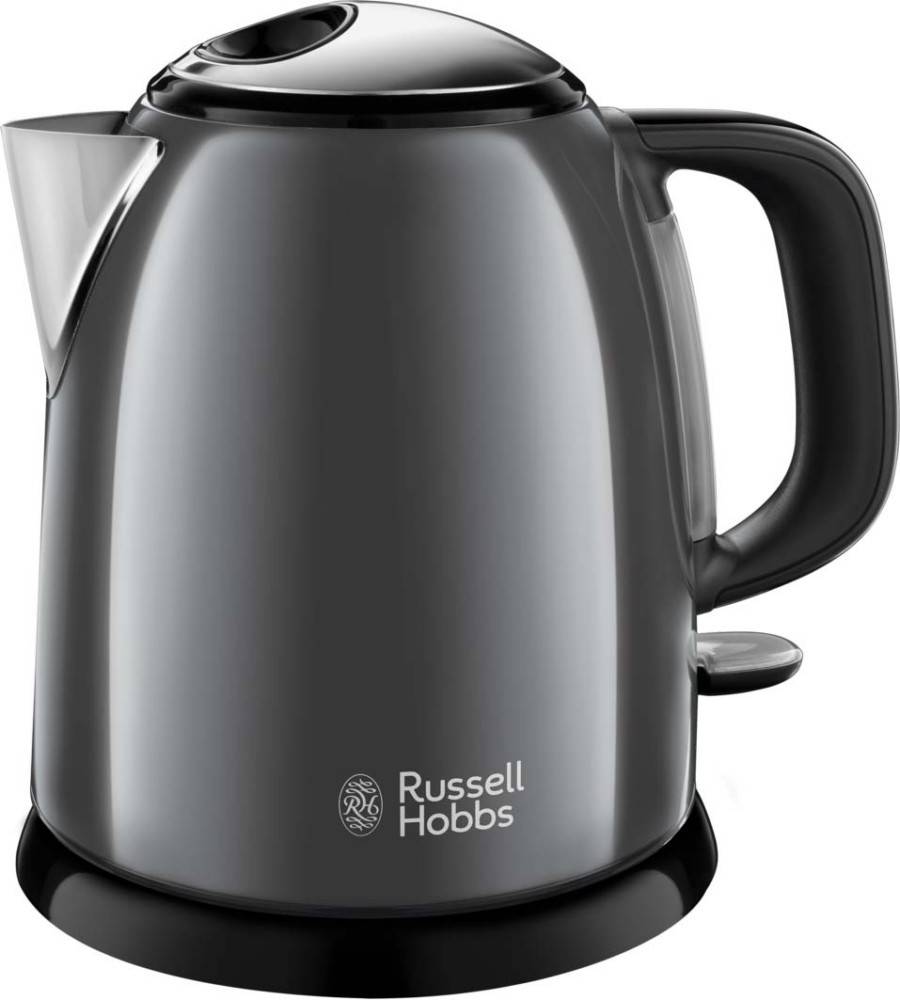 Ein schwarzer elektrischer Wasserkocher der Marke 'Russell Hobbs', mit einem glatten, modernen Design und einer runden Basis.