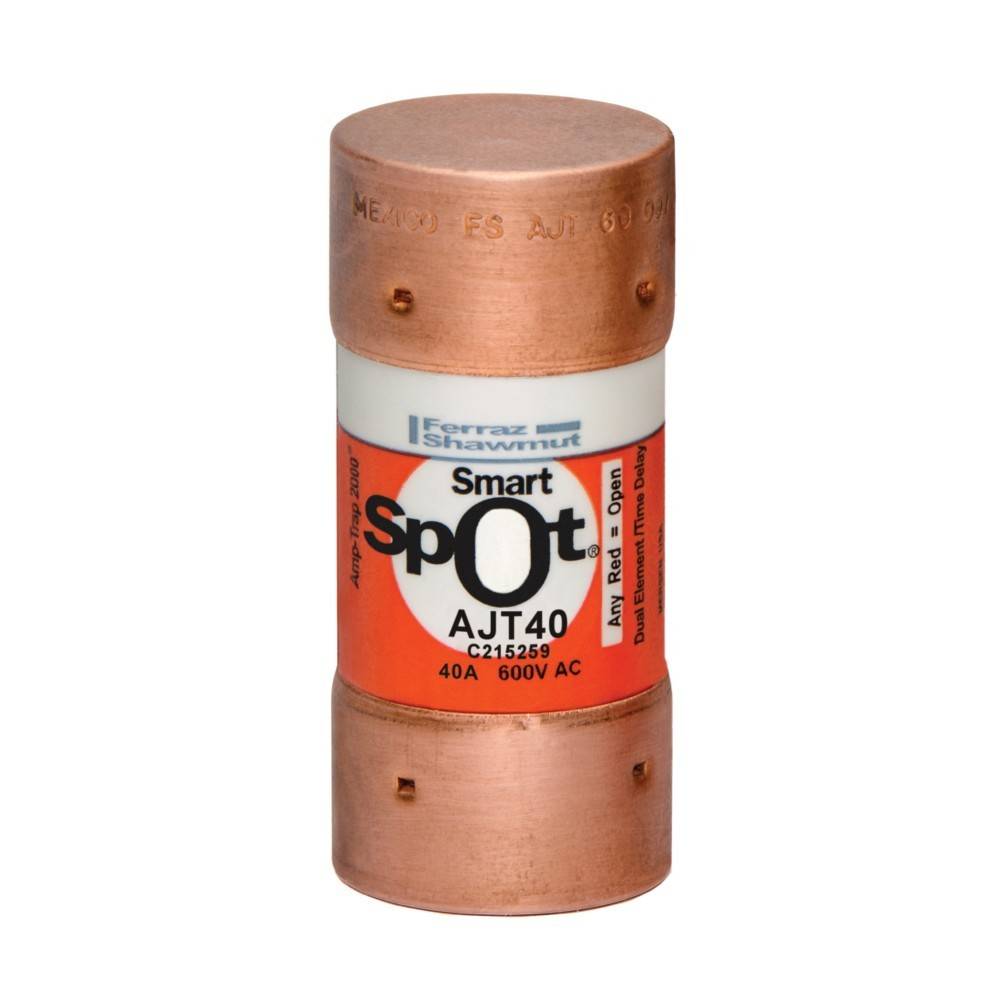 Ferraz Shawmut Smart Spot AJT40 Sicherung, 40A, 600V AC', dargestellt mit Kupferenden und einem roten Etikett mit der Aufschrift 'Bei Öffnung rot'.