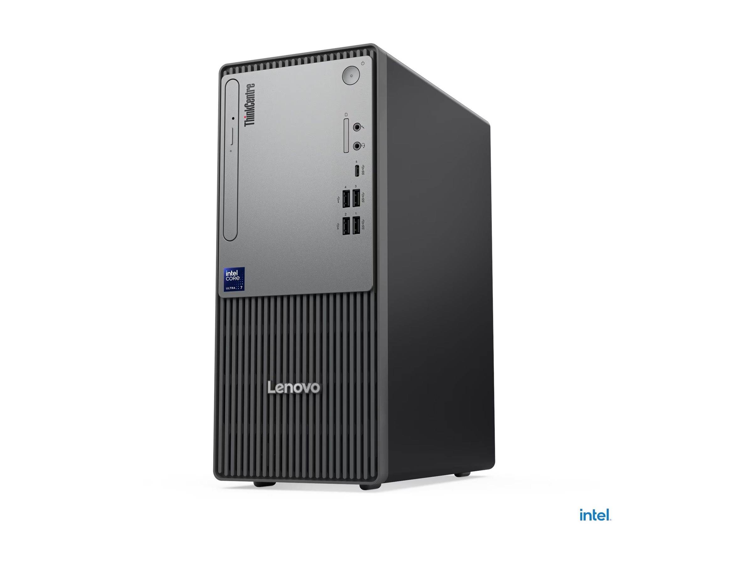 Lenovo-Desktop-Tower mit verschiedenen Anschlüssen, ThinkCentre-Branding und einem Intel-Core-Etikett; für Büro- oder Heimnutzung konzipiert.
