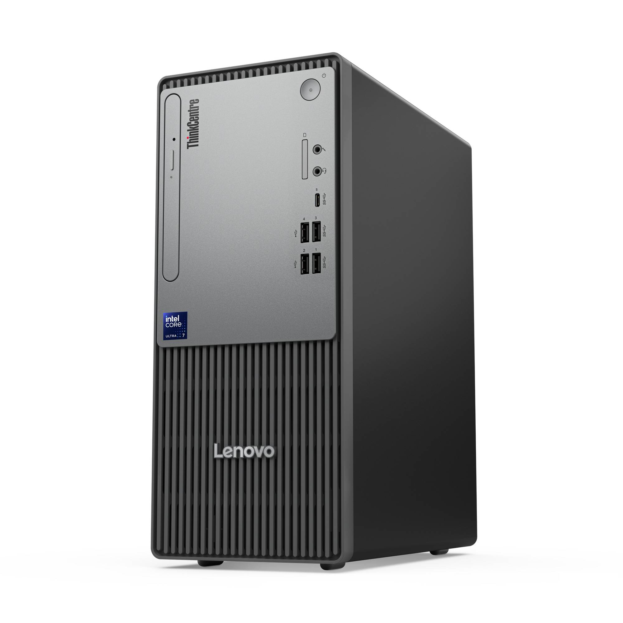 Ein Lenovo-Desktop-Computerturm mit silberner Frontverkleidung, die mehrere USB-Anschlüsse, Audiobuchsen und die Logos von Lenovo und Intel aufweist.