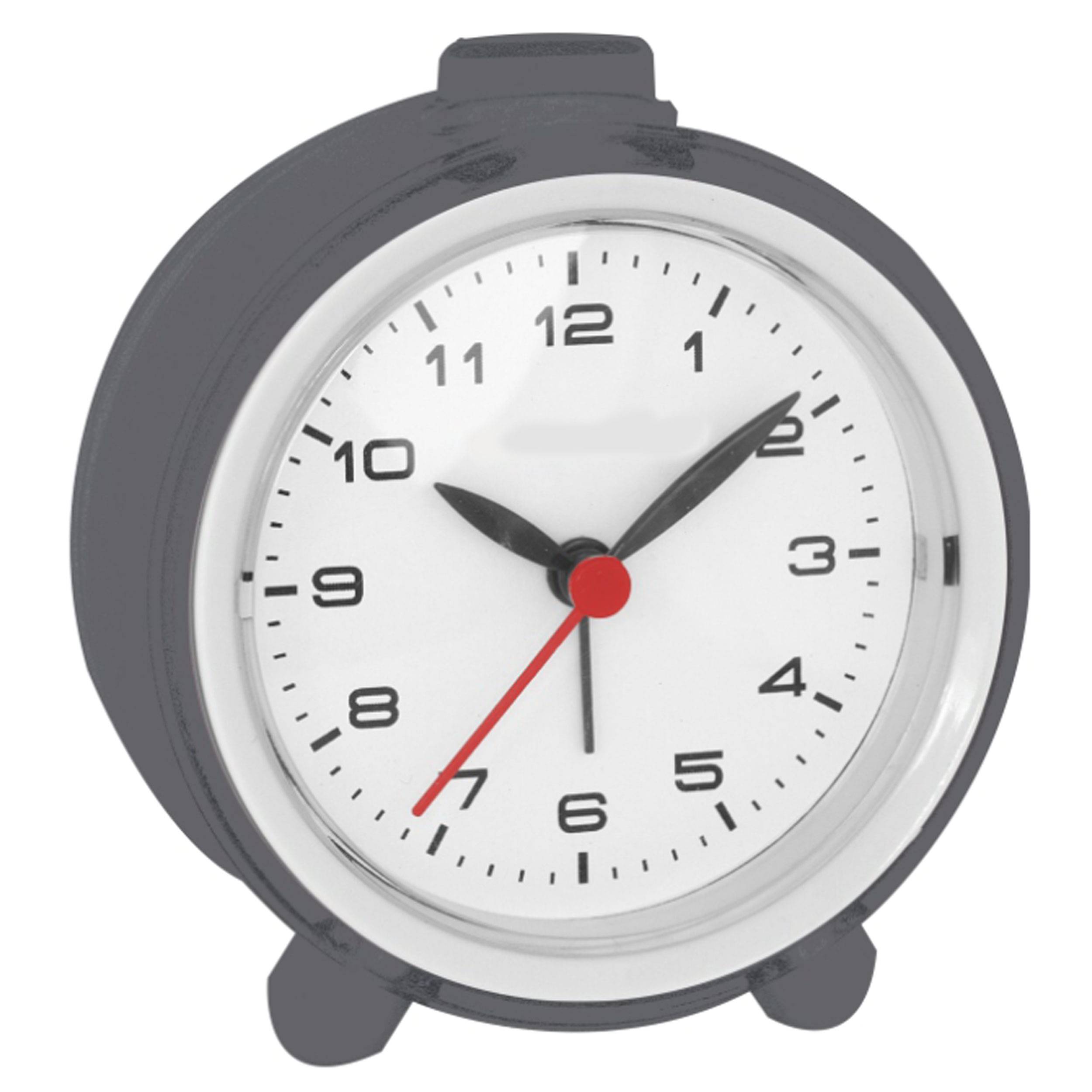Eine runde, graue Alarmklingel mit schwarzen Ziffern und Zeigern, die 10:09 anzeigt, mit einem roten Sekundenzeiger.
