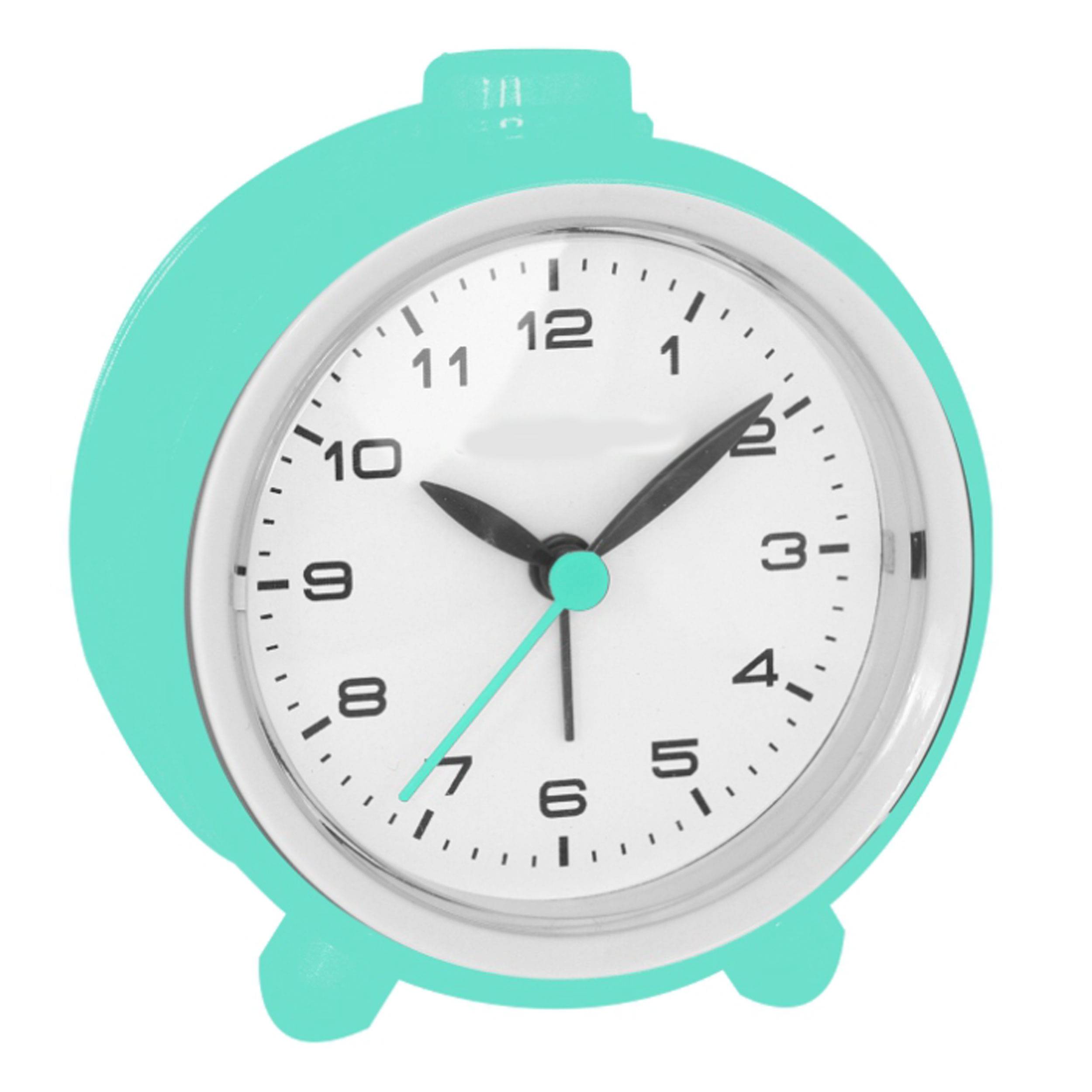 Eine türkisfarbene analoge Uhr, die die Zeit als 10:10 zeigt.