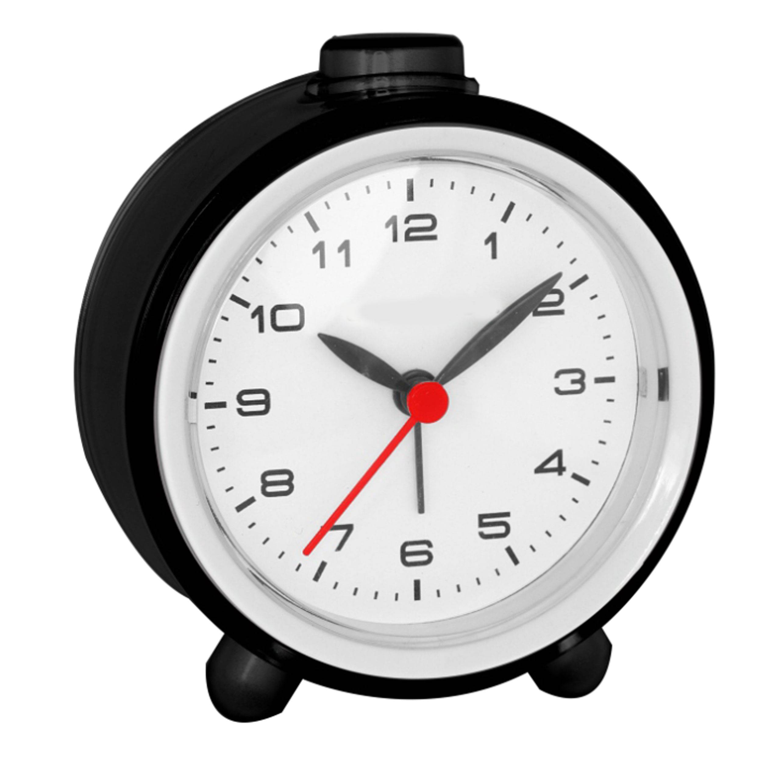 Eine schwarze analoge Wecker, der 10:10 zeigt.