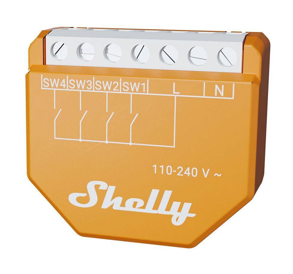 Ein orangefarbener intelligenter Schaltereinsatz mit der Bezeichnung 'Shelly' mit Anschlüssen für SW1 bis SW4 und Stromversorgung von 110-240 V.