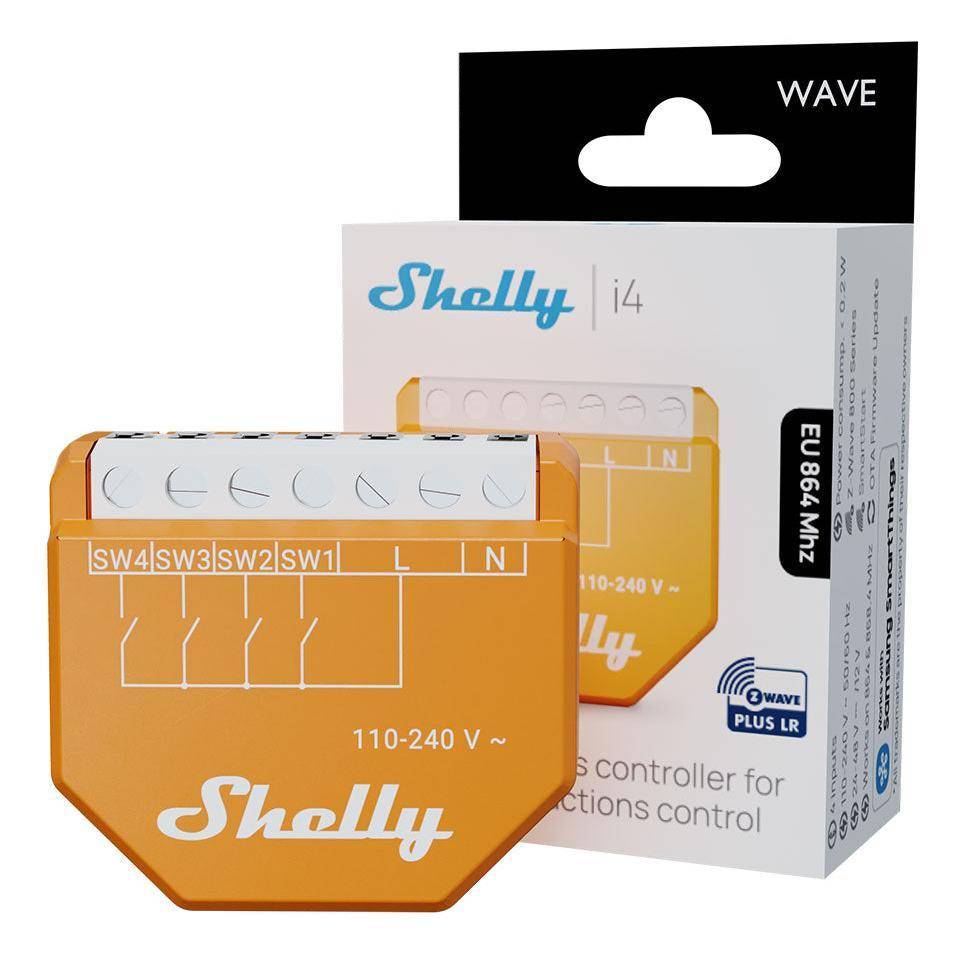 Shelly i4 Gerät für Smart-Home-Automatisierung, gezeigt mit Verpackung, die die Kompatibilität von 110-240V und die EU-Frequenz von 868,4 MHz anzeigt.
