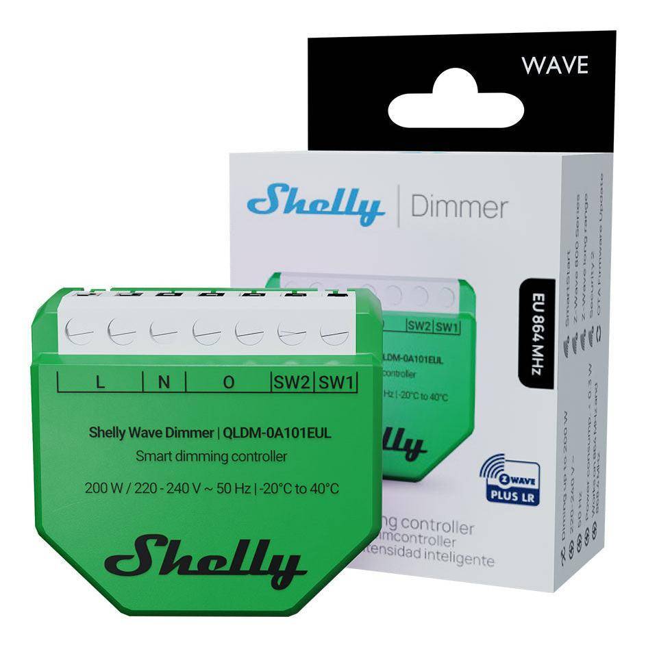Smart-Dimmer-Controller Shelly Dimmer mit Verpackung. Steuerung über Z-Wave, regelt 200W/220-240V, betriebsbereit von -20°C bis 40°C.