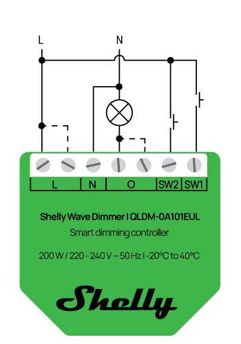 Diagramm des Shelly Wave Dimmers Modell QI0DM-0A101EUL, mit Anschlussverbindungen L, N, O, SW2, SW1; Nennleistung 200W/220V, 50Hz.