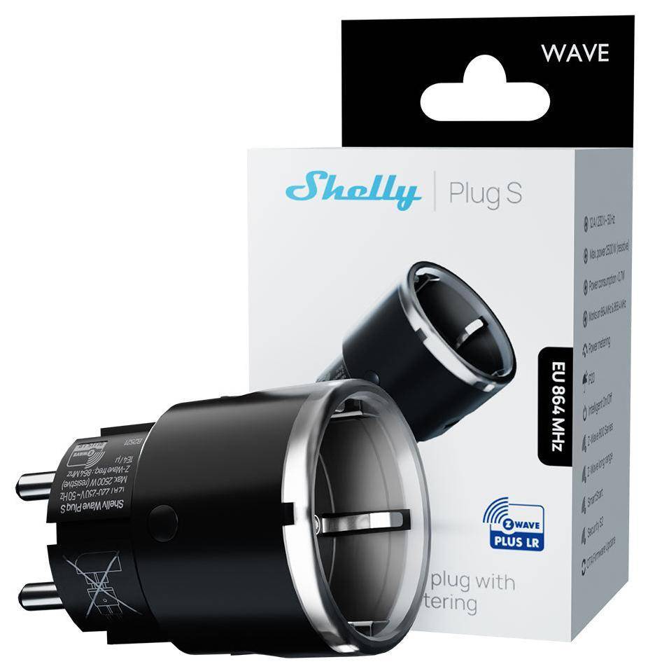 Smart-Stecker 'Shelly Plug S' in Verpackung, zeigt einen schwarzen EU-Stecker mit Energieüberwachung. Kompatibel mit EU 868 MHz Wave Plus LR.