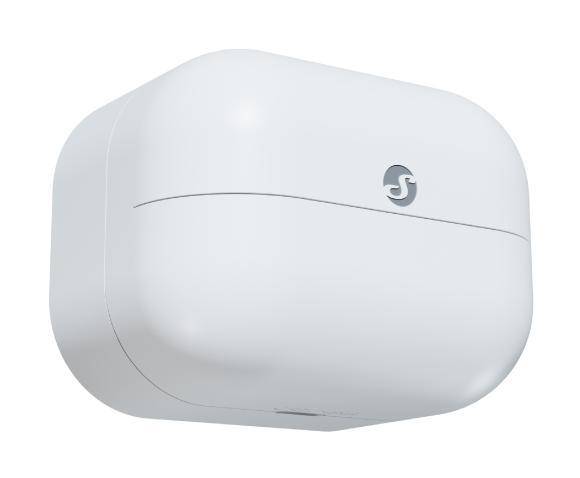 Ein weißer, wandmontierter Händetrockner mit elegantem Design und einem kleinen Logo auf der Vorderseite.