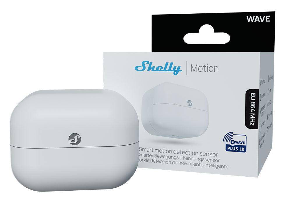 Shelly Motion intelligenter Bewegungserkennungssensor-Verpackung mit Produktbild, ausgestattet mit einem schlanken, weißen Design und Logo auf der Vorderseite.