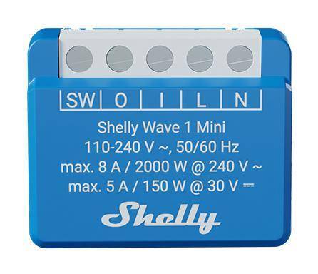 Ein blaues Shelly Wave 1 Mini Gerät mit beschrifteten Anschlüssen: ‚SW', ‚O', ‚I', ‚L', ‚N'. Spezifikationen umfassen 110-240V, max 8A/2000W und 5A/150W.