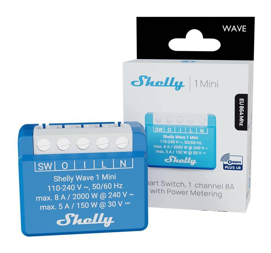 Ein blaues 'Shelly 1 Mini' Smart-Schalter-Paket mit Leistungsmessung, das technische Spezifikationen zeigt: 110-240V, 50/60Hz, max. 8A.