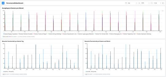 Balkendiagramme, die Datenvergeleiche über verschiedene Kategorien in mehreren Monaten zeigen, mit Legenden, die Messtypen angeben.