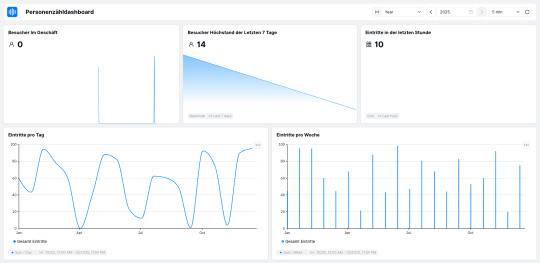 Dashboard zur Besucherübersicht: Liniendiagramme zeigen tägliche und wöchentliche Besucherzahlen; Textinformationen heben Websitebesuche der letzten 7 Tage und des aktuellen Tages hervor.