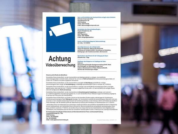 Hinweisschild DIN A4 EU-DSGVO Aluminium COMPONENTS, Hinweisschild für Videoüberwachung nach EU-DSGVO für den Außenberei
