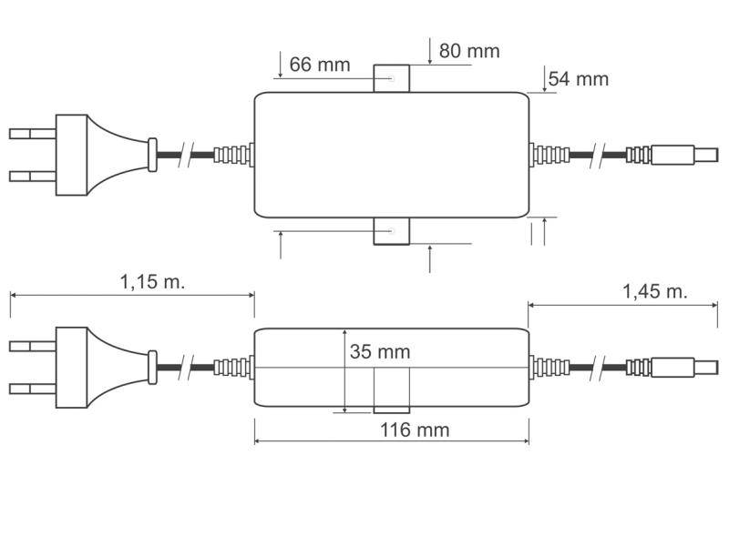 Technische Zeichnung eines Stromkabels mit Stecker und rechteckigem Inline-Gehäuse, mit Draufsicht und Seitenansicht mit Abmessungen in mm und Metern.