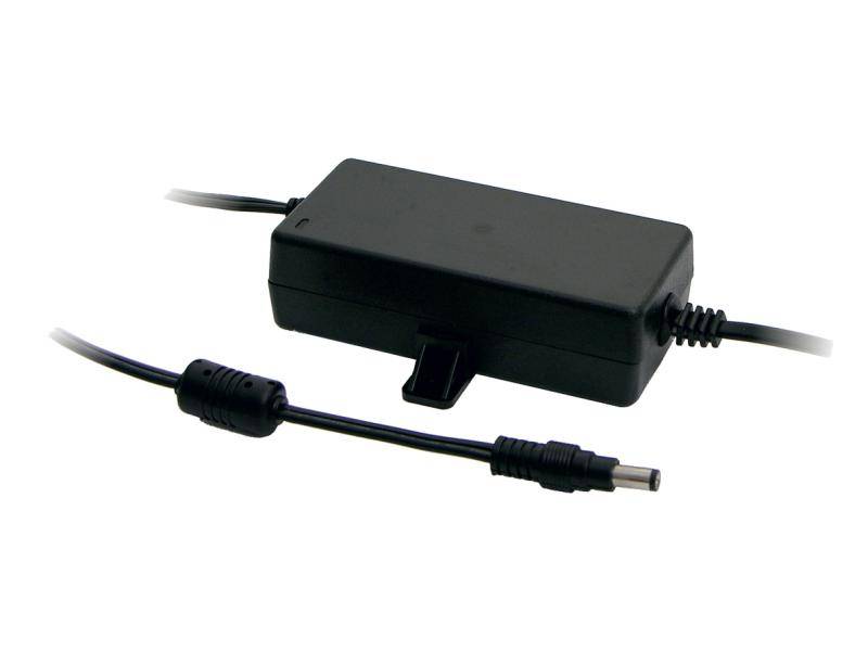 Schwarzer AC-Stromadapter mit angeschlossenem Kabel und Hohlsteckverbinder auf weißem Hintergrund.