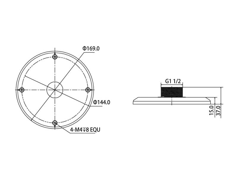 Technische Zeichnung eines kreisförmigen Flansches mit Mittelloch, 169,0 mm Außendurchmesser, 144,0 mm Lochkreisdurchmesser, 4-M4x8 gleichmäßig verteilte Bohrungen und G1 1/2 Gewinde Seitenansicht.