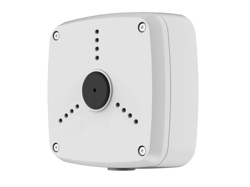 Weißes quadratisches wandmontiertes Gerät mit einem zentralen kreisförmigen Sensor und kleinen Perforationen rundherum auf schwarzem Hintergrund.