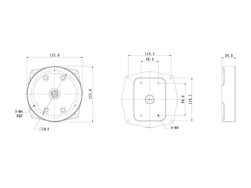 Technische Maßzeichnung eines quadratischen mechanischen Gehäuses dargestellt in Vorder-, Seiten- und Draufsicht mit beschrifteten Maßen und Befestigungslöchern.