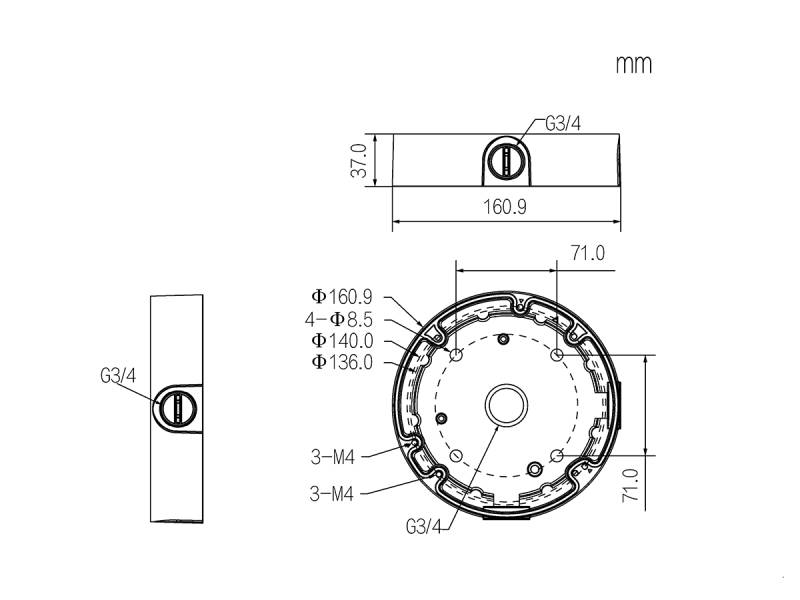 Technische Maßstabzeichnung einer kreisförmigen Komponente mit Seiten- und Draufsicht, beschriftet in Millimetern, mit G3/4-Anschlüssen, 160,9 mm Breite, 37,0 mm Höhe und 71,0 mm Durchmesser-Abmessungen.