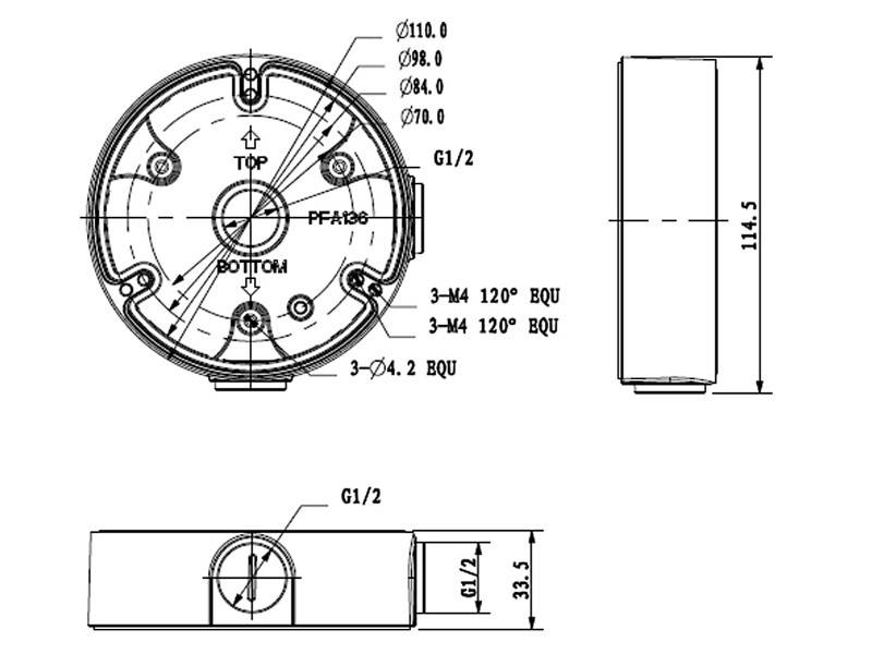 Technische Maßzeichnung eines runden mechanischen Bauteils mit Ansichten von vorne, von der Seite und von unten mit Maßangaben und Anschlussbezeichnungen wie G1/2, OBEN, UNTEN und P/P 180.