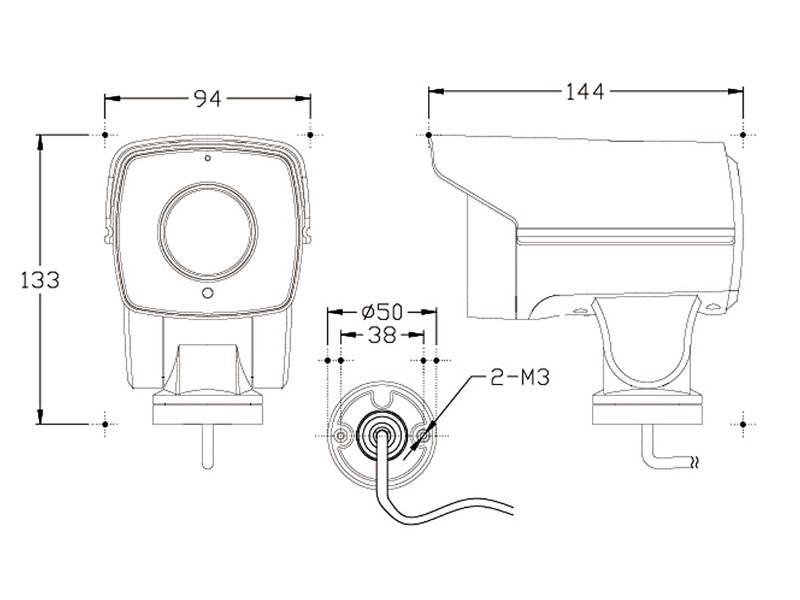 Technische Zeichnung eines kleinen rechteckigen Geräts mit Vorder-, Seiten- und Bodenansicht mit Abmessungen von 144, 133, 94, 50 und 38 mm.