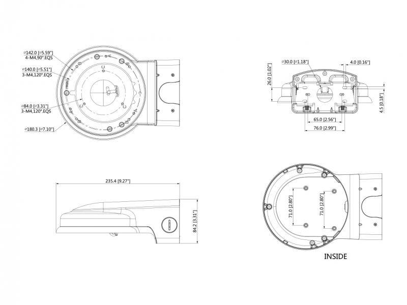 Technische Maßstabzeichnung eines kreisförmigen mechanischen Geräts dargestellt in Draufsicht, Seitenansicht und Innenansicht mit Maßen in mm und Zoll gekennzeichnet.