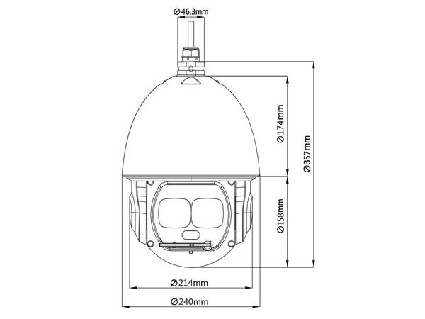 Technische Zeichnung einer kuppelförmigen Sicherheitskamera mit Abmessungen: 46,3 mm Oberseite, 337 mm Gesamthöhe, 240 mm Basisbreite.