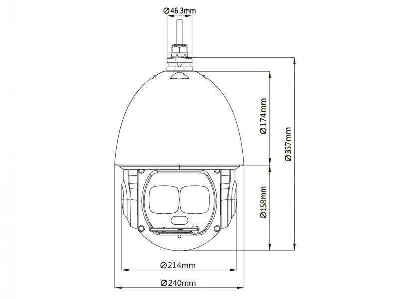 Technische Zeichnung eines kuppelförmigen Geräts mit Vorderöffnung, die Abmessungen zeigt: 240 mm breit, 357 mm hoch, 214 mm Kuppeldurchmesser und 46,3 mm obere Befestigung.